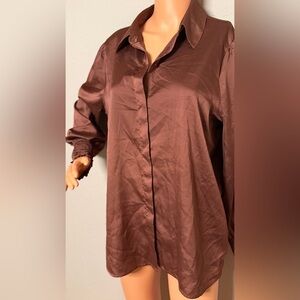 Express Brown Satin Blouse Smocked Cuff Button Front Long Sleeve Top Women L